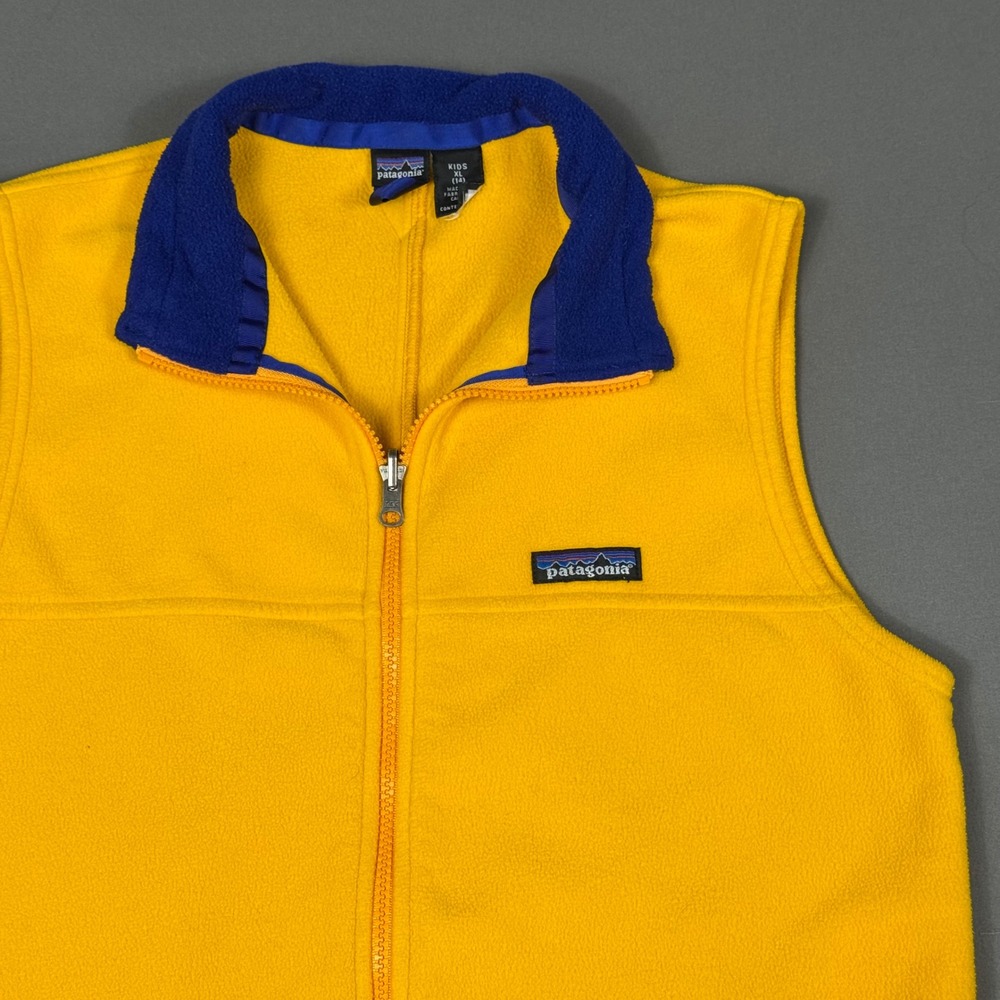 Vintage Patagonia Kids XL Fleece Vest Yellow Blue Made In Canada Full Zip